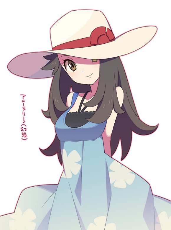 1girl, agata_(agatha), alternate_costume, blue_(pokemon), brown_eyes, brown_hair, dress, female