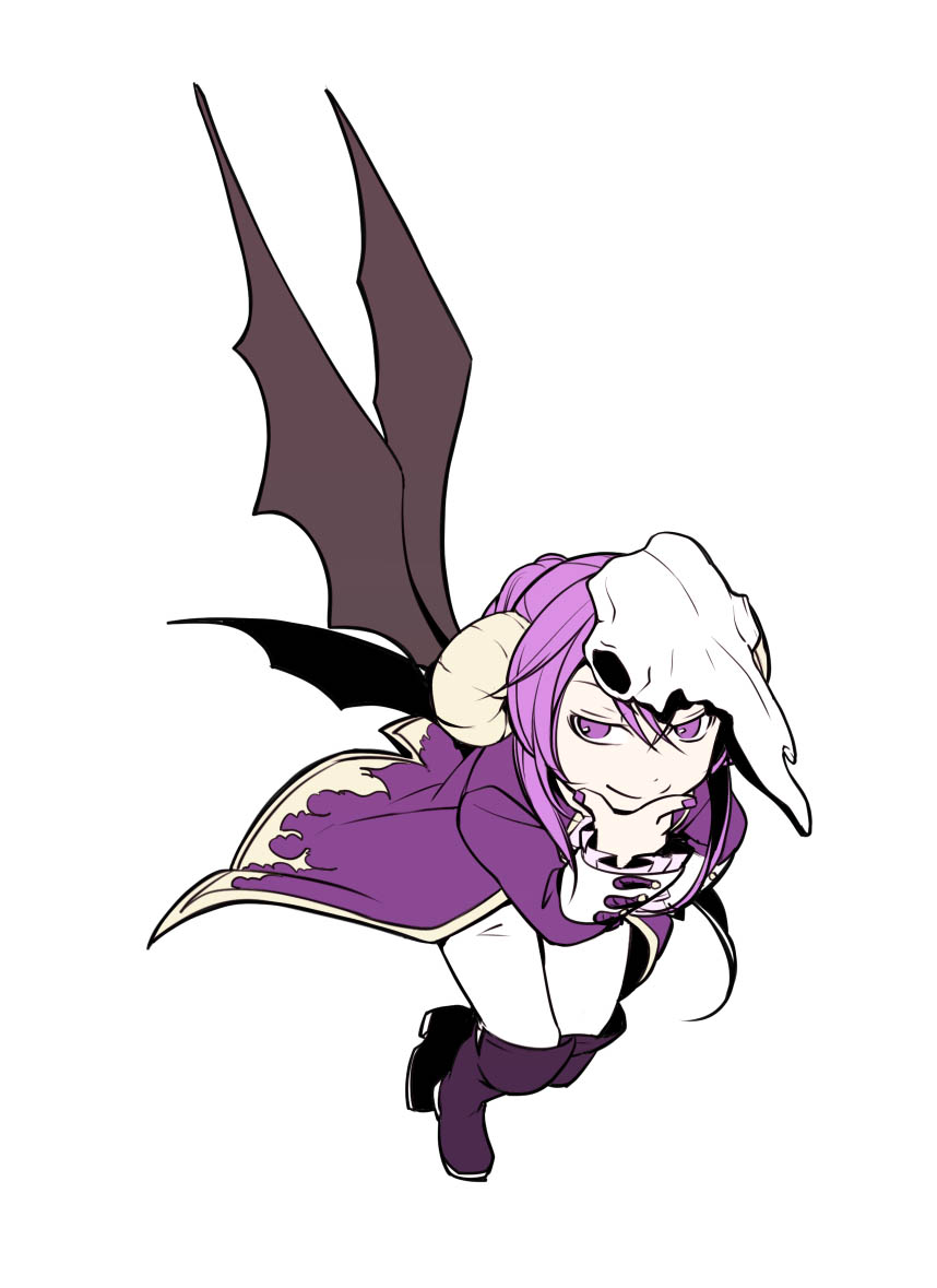 animal_skull, bat_wings, boots, coat, demon, demon_horns, demon_wings, goat_horns