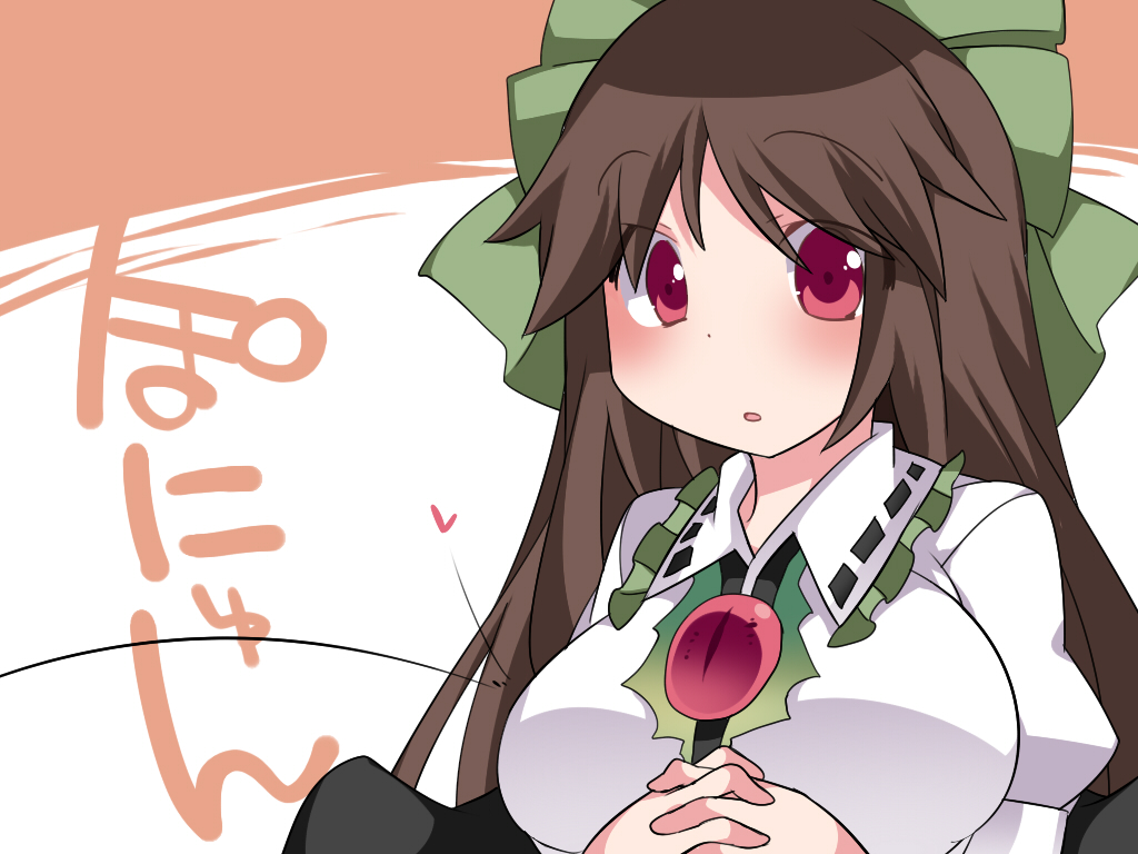 1girl, :o, bird_wings, blush, bow, breasts, brown_hair, commentary