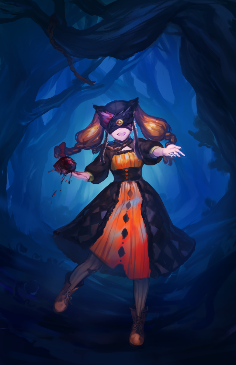 1girl, :d, blindfold, blood, boots, bow, braid, brown_boots