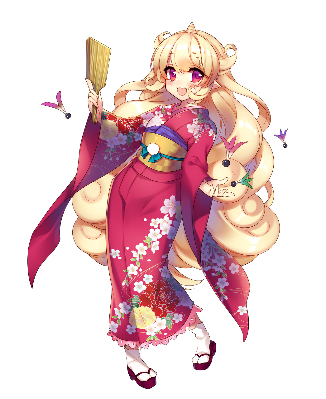 1girl, artist_request, ball, blonde_hair, character_request, curly_hair, floral_print, full_body