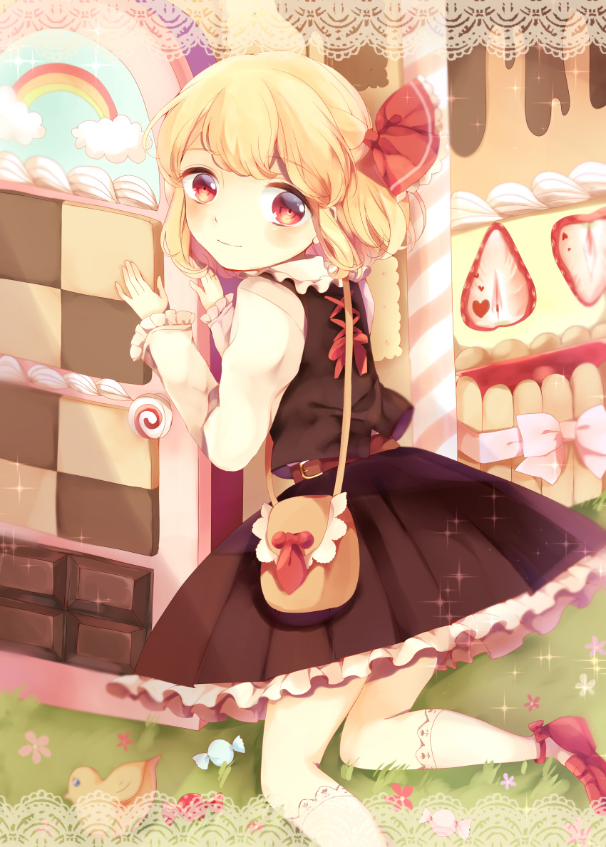 1girl, absurdres, arm_support, bag, blonde_hair, blush, cake, candy, food, frilled_skirt, frills, fruit, grass, handbag, highres, kneeling, letterboxed, lollipop, looking_at_viewer, looking_back, rainbow, red_eyes, rumia, senju_(uroakono), short_hair, skirt, skirt_set, smile, solo, sparkle, strawberry, swirl_lollipop, touhou