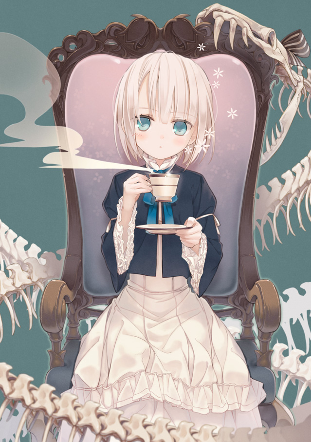 1girl, amamiya_chiharu, animal_skull, blue_eyes, blush, bone, chair, cup