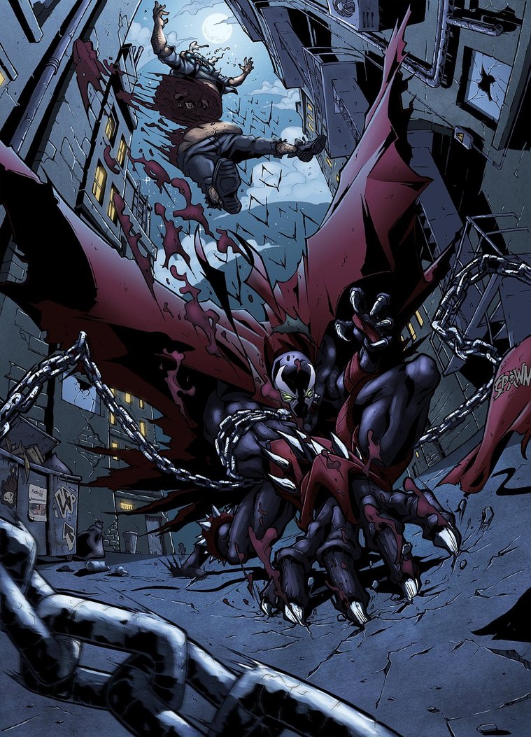 bat, blood, building, cape, chain, claws, clouds, clown, fighting, green_eyes, mask, moon, spawn, spawn_(spawn), spikes, superhero, violator