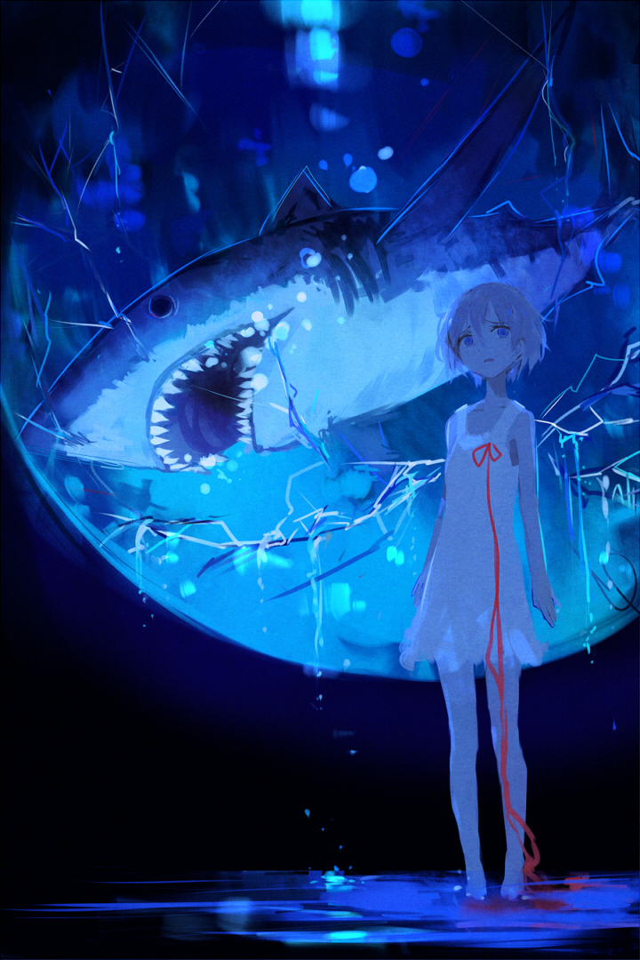 1girl, abstract, alt_(apou), barefoot, blood, blue_eyes, broken, bubble