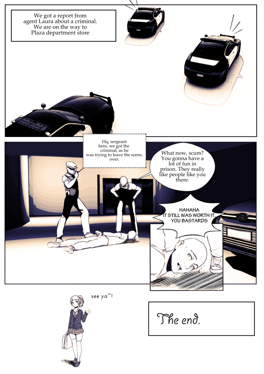 1girl, arrest, bald, car, comic, diathorn, english, ground_vehicle