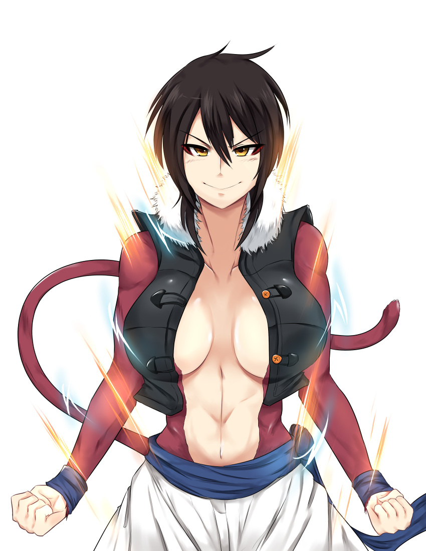 >:), 1girl, absurdres, aura, black_hair, breasts, cleavage, clenched_hands, collarbone, commentary, dragon_ball, dragon_ball_gt, dragon_ball_xenoverse, highres, looking_at_viewer, monkey_tail, navel, pose, short_hair, simple_background, solo, super_saiyan_4, tail, vest, wangphing, white_background, yellow_eyes