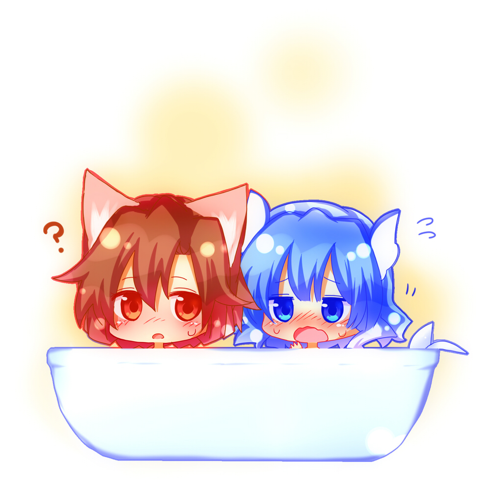 2girls, animal_ears, blue_eyes, blue_hair, blush, brown_hair, chibi, drill_hair