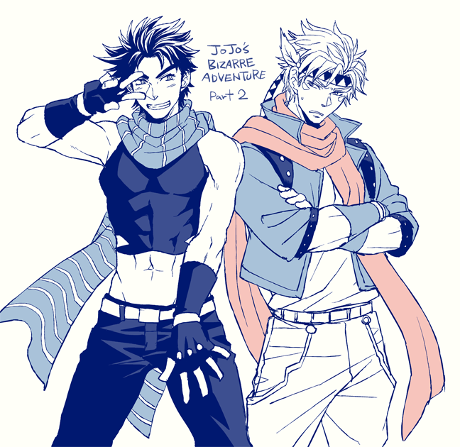 2boys, abs, caesar_anthonio_zeppeli, copyright_name, crop_top, crossed_arms, facial_mark, fingerless_gloves, frown, gloves, grin, groin, haruko_(chikadoh), headband, jacket, jojo_no_kimyou_na_bouken, joseph_joestar_(young), limited_palette, male_focus, midriff, multiple_boys, navel, pose, scarf, smile, striped, striped_scarf, sweatdrop, winged_hair_ornament