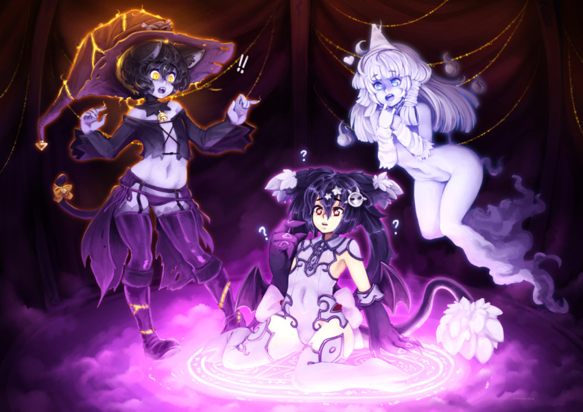 !!, 3girls, ?, animal_ears, artist_name, barbariank, bare_shoulders, bat_wings