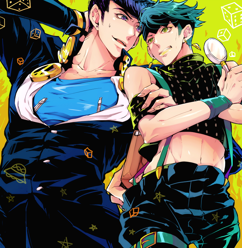 2boys, armband, black_hair, dice, gakuran, green_eyes, green_hair, higashikata_jousuke