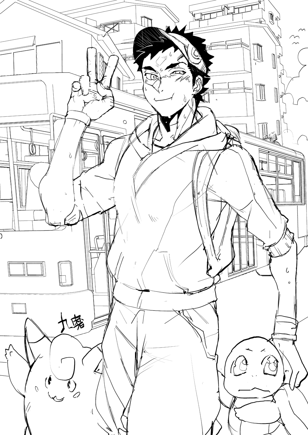 1boy, backpack, bag, bus, clefairy, gloves, greyscale, ground_vehicle
