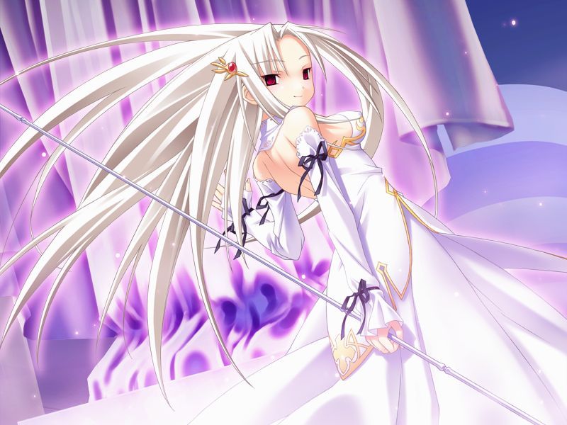 arms_behind, bare_shoulders, detached_sleeves, dress, game_cg, hair_ornament, hairpin, kannagi_rei, kasuga_karin, long_hair, looking_back, princess_witches, red_eyes, ribbon, smile, solo, staff, white_hair