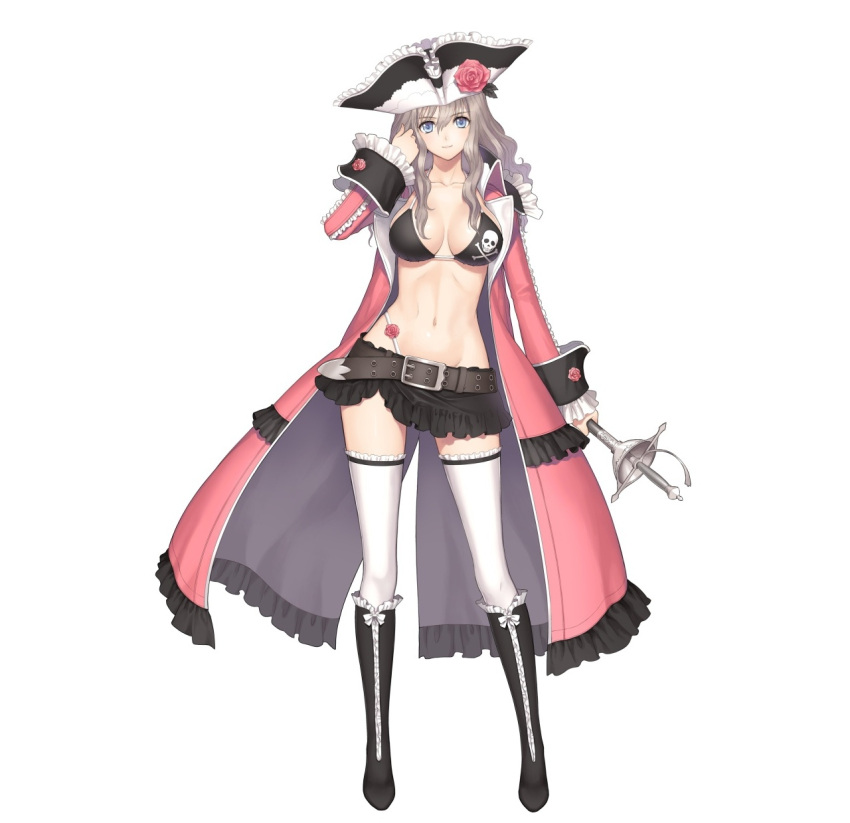 1girl, belt, bikini, bikini_top, blue_eyes, boots, breasts, coat