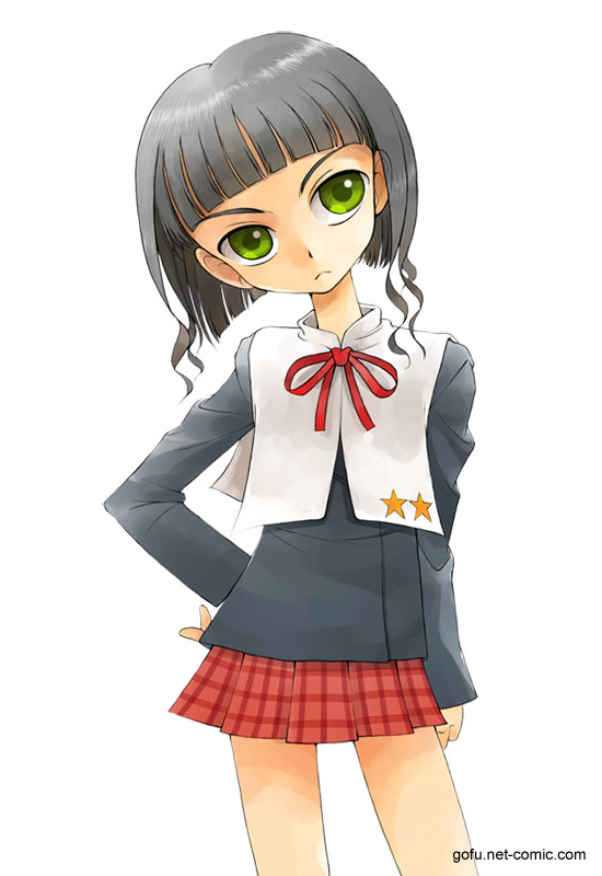 black_hair, blunt_bangs, bob_cut, frown, gakuen_alice, gofu, green_eyes, head_tilt, plaid, plaid_skirt, school_uniform, short_hair, shouda_sumire, skirt, tartan