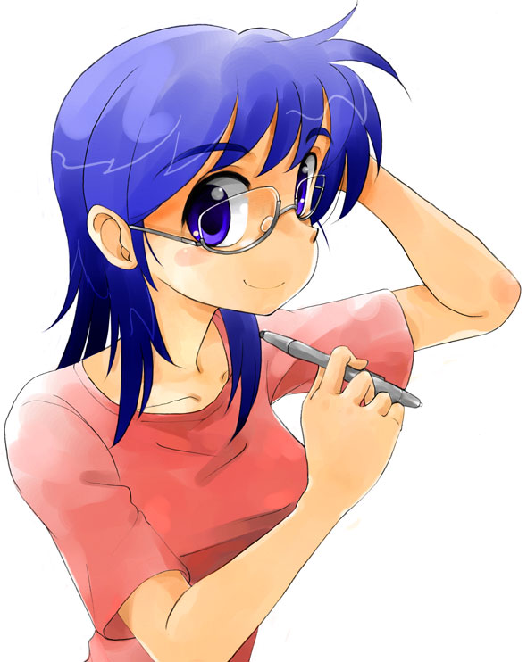 blue_glasses, blue_hair, genderswap, glasses, gofu, hand_behind_head, pen, self-portrait