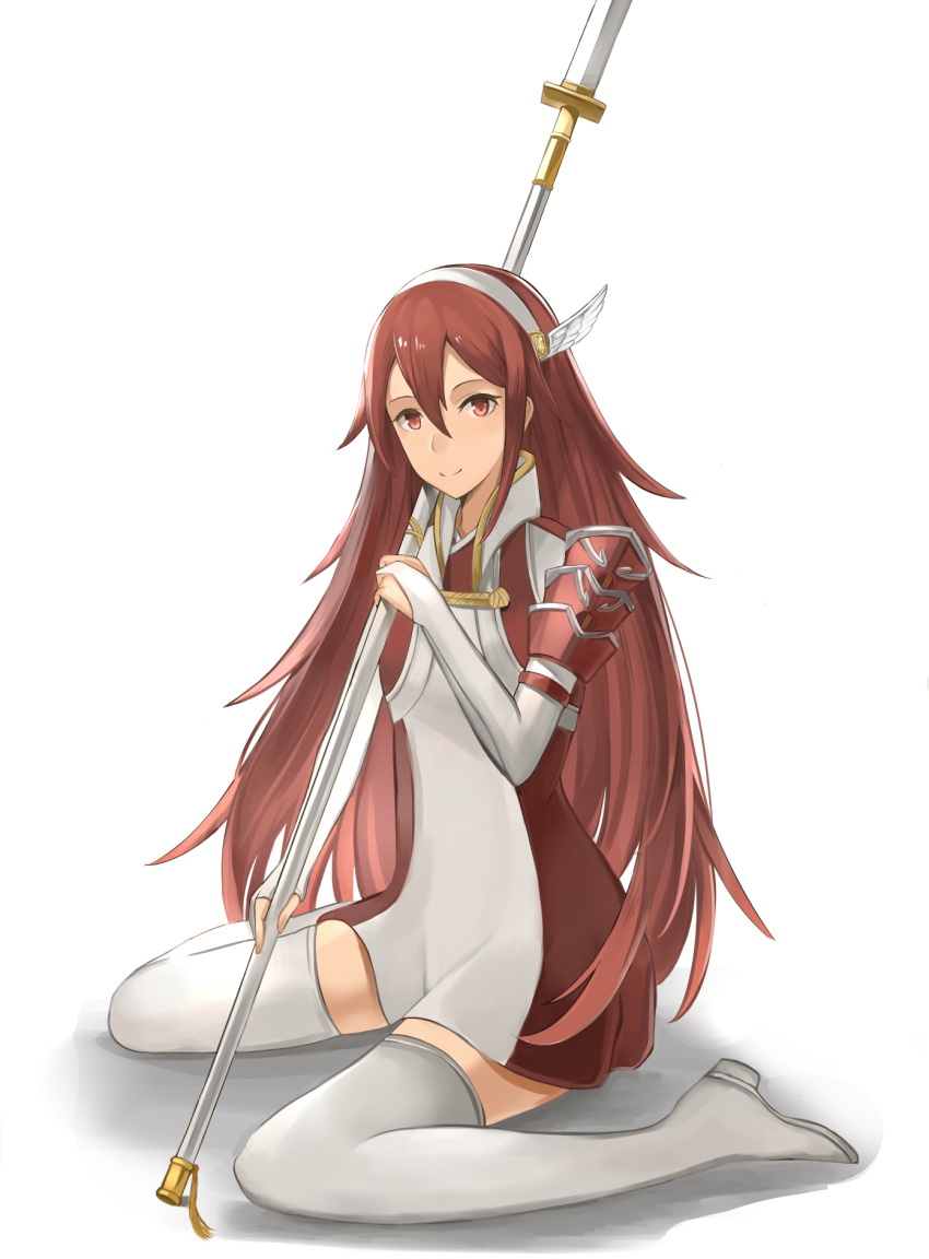 1girl, akuria, boots, bridal_gauntlets, collar, dress, fire_emblem, fire_emblem_if, flat_chest, hair_ornament, hairband, highres, long_hair, looking_at_viewer, matoi_(fire_emblem_if), naginata, polearm, red_eyes, redhead, short_dress, simple_background, sitting, smile, thigh-highs, thigh_boots, very_long_hair, wariza, weapon, white_background, winged_hair_ornament, zettai_ryouiki