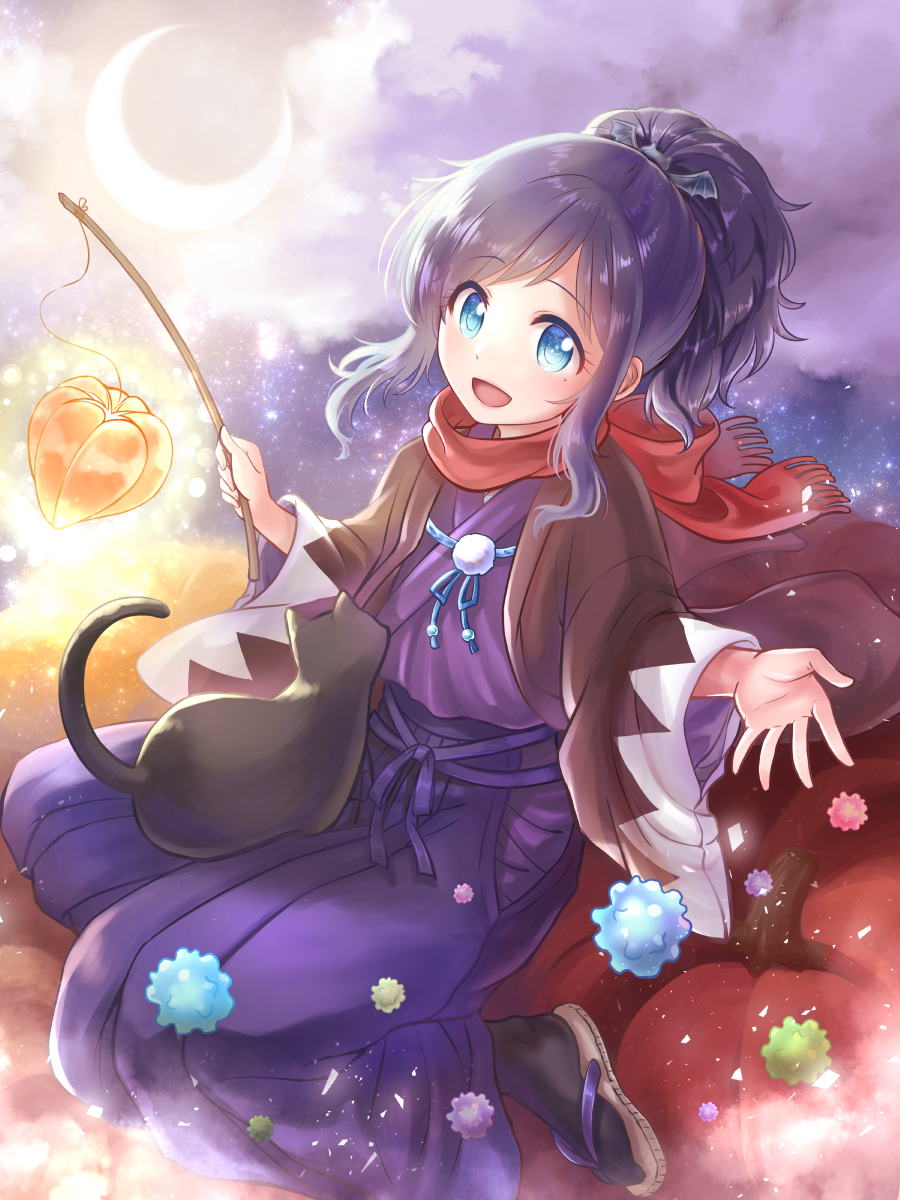 1boy, :d, bat_hair_ornament, black_hair, blue_eyes, candy, cat, crescent_moon