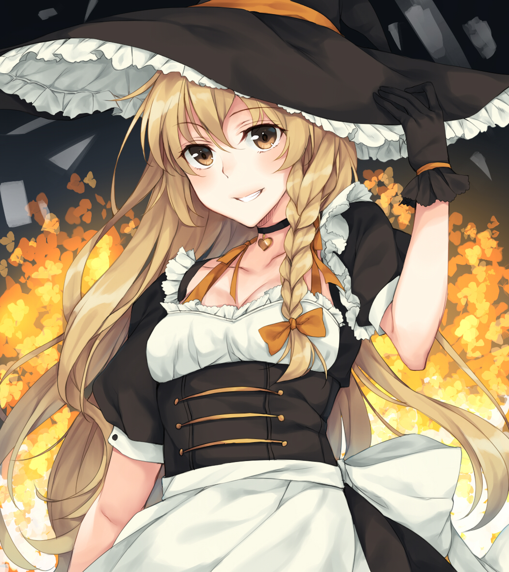 1girl, adjusting_clothes, adjusting_hat, apron, black_dress, black_gloves, blonde_hair, blush