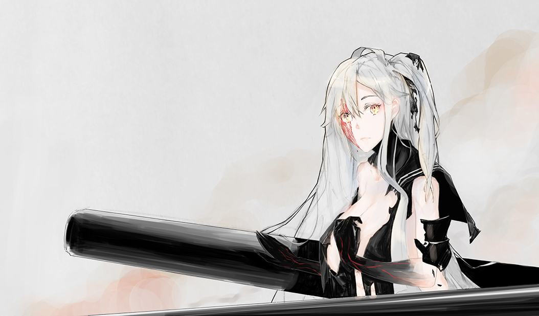 1girl, breasts, burn_mark, cannon, large_breasts, looking_at_viewer, nello_(luminous_darkness), pale_skin