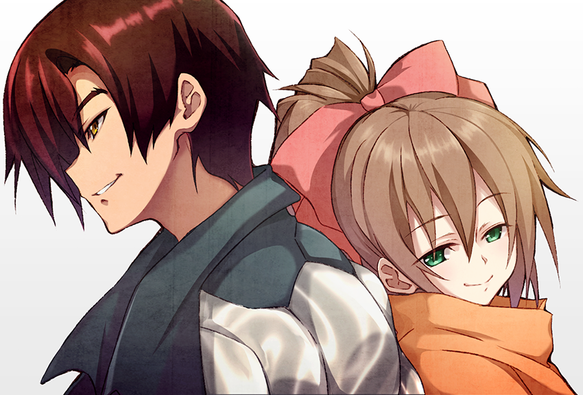 1boy, 1girl, bow, brown_hair, green_eyes, grin, hair_bow, itsumi1021
