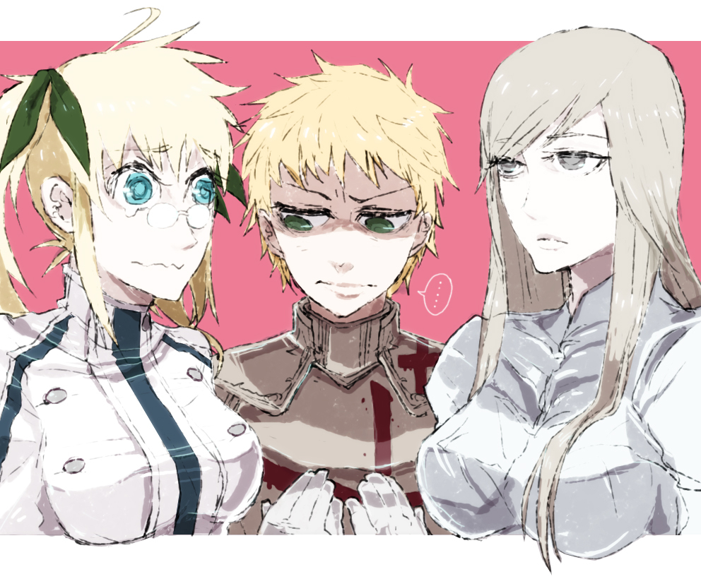 3girls, anastasia_nikolaevna_romanova, blonde_hair, blue_eyes, breast_envy, breasts, dress, drifters