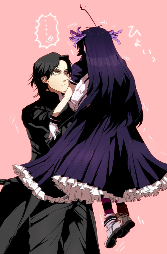 1boy, black_hair, blush, carrying, dress, drifters, easy_(drifters), embarrassed