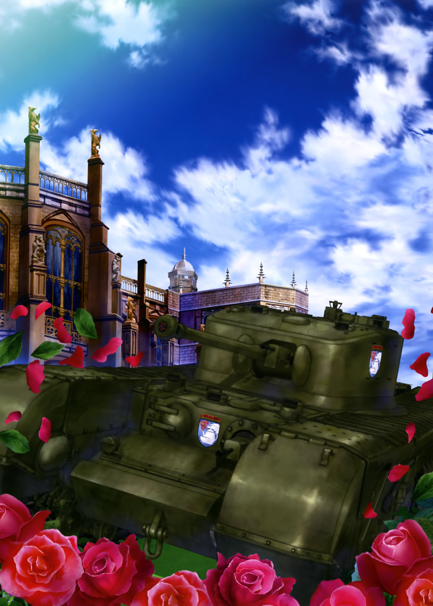 absurdres, bed_of_roses, churchill_(tank), clouds, cloudy_sky, emblem, flower, girls_und_panzer