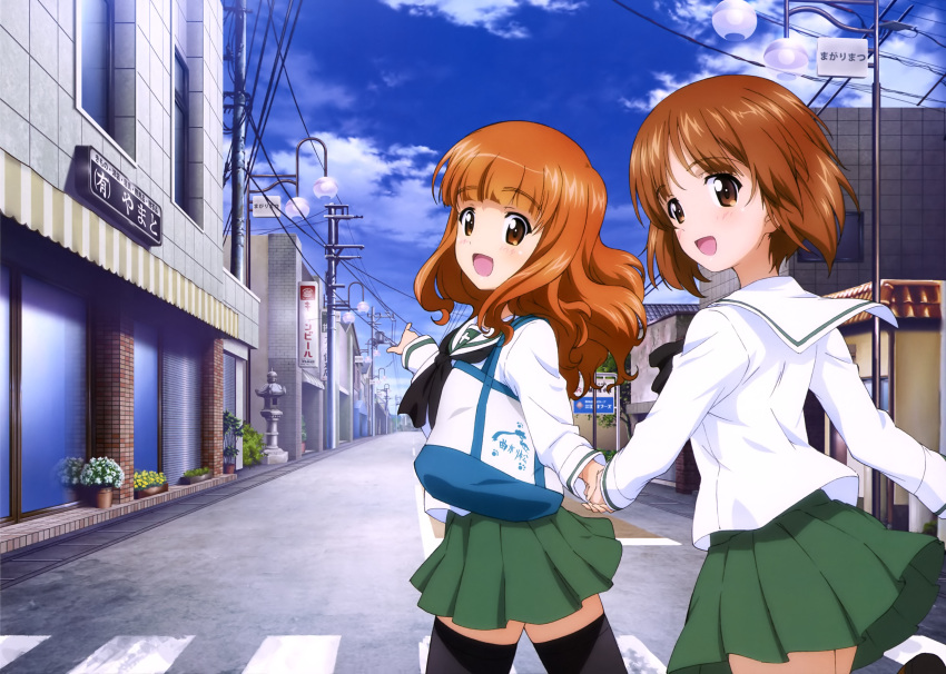 2girls, absurdres, bag, bangs, black_legwear, blouse, blunt_bangs, brown_eyes