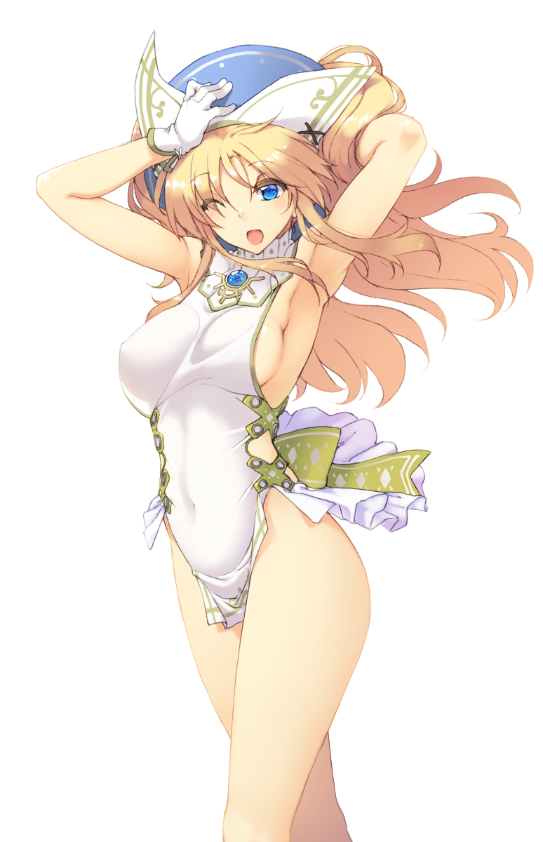 1girl, armpits, blonde_hair, blue_eyes, breasts, covered_navel, covered_nipples, gloves