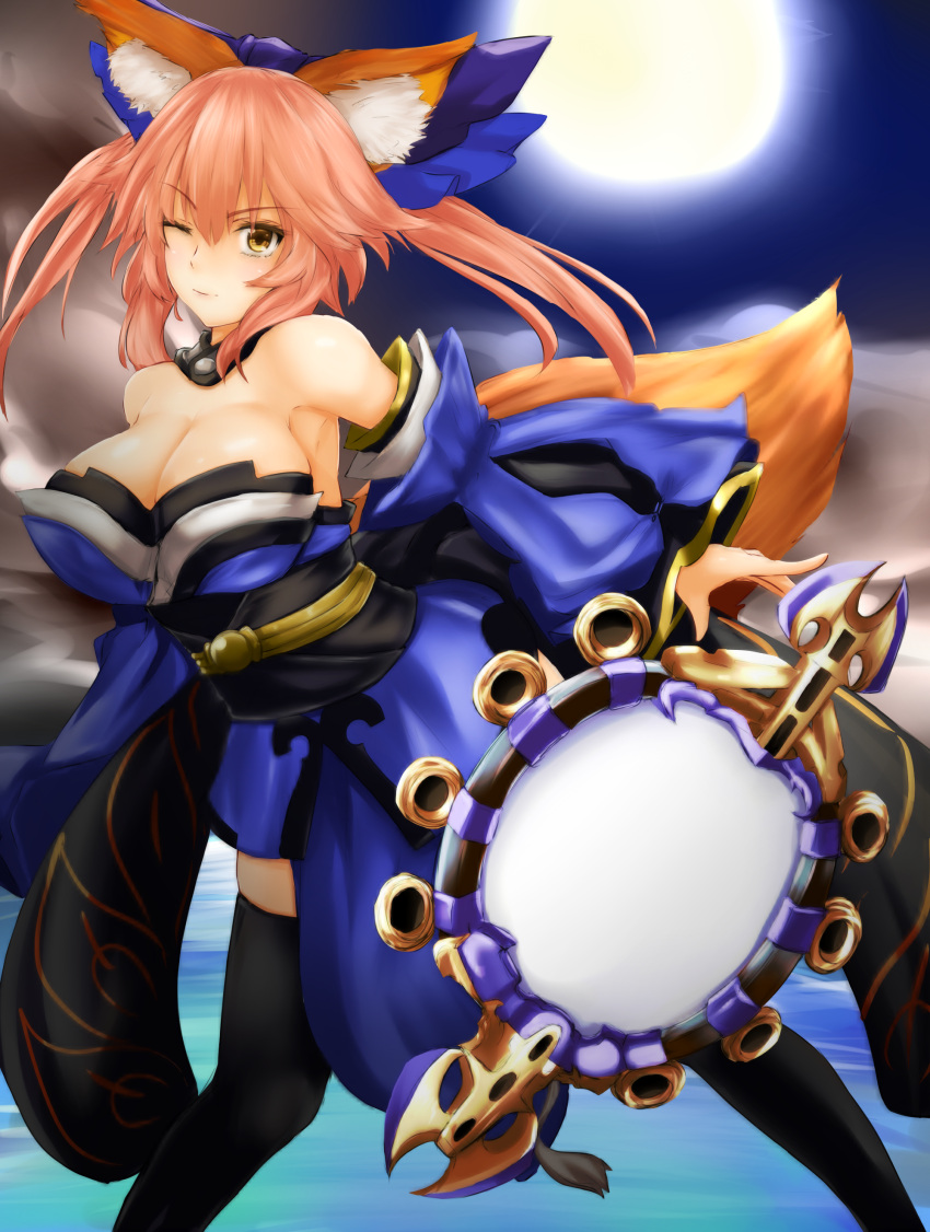 1girl, absurdres, animal_ears, bell, bell_collar, blue_legwear, bow, breasts, cleavage, collar, detached_sleeves, fate/extra, fate/grand_order, fate/stay_night, fate_(series), fox_ears, fox_tail, hair_bow, hair_ribbon, highres, japanese_clothes, large_breasts, looking_at_viewer, mirror, one_eye_closed, pink_hair, ribbon, shishin_(shishintei), smile, solo, suiten_nikkou_amaterasu_yanoshisu_ishi, tail, tamamo_(fate)_(all), tamamo_no_mae_(fate), yellow_eyes