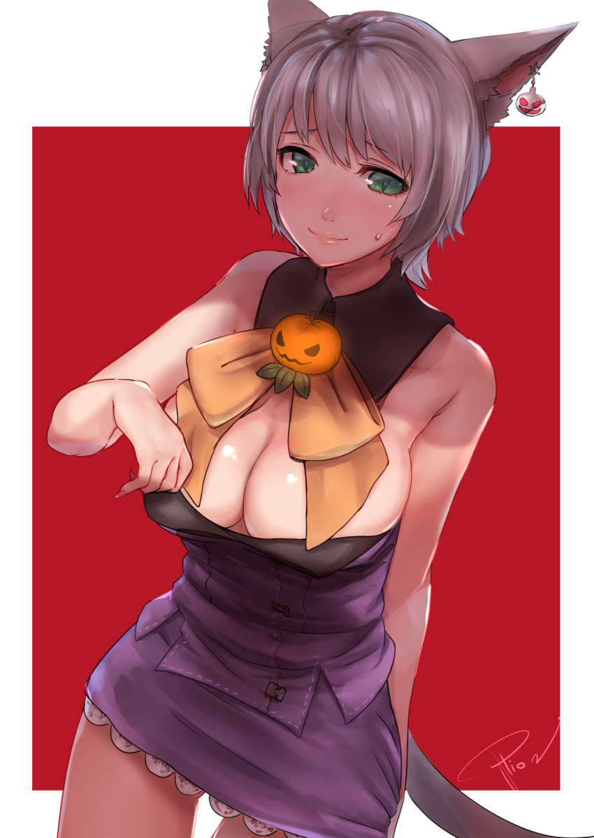1girl, adjusting_clothes, animal_ears, bare_shoulders, breasts, cleavage, detached_collar, from_above