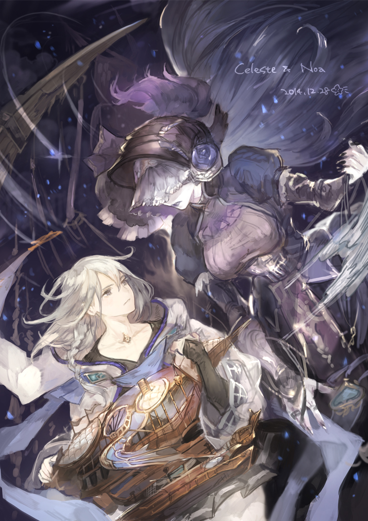 1boy, 1girl, airship, blue_eyes, celeste_(granblue_fantasy), dress, granblue_fantasy, long_hair, mikebosi, noah_(granblue_fantasy), ship, veil, watercraft, white_hair