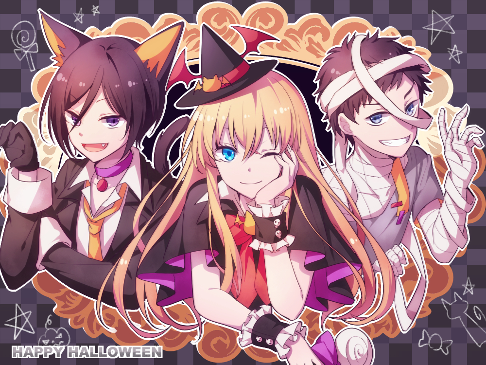 3boys, ;), animal_ears, atsushi_toushirou, bandage_over_one_eye, bandages, black_gloves, black_hair