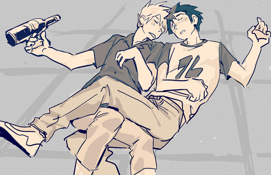 2boys, beer_bottle, blush, bottle, capri_pants, closed_eyes, clothes_writing, denim