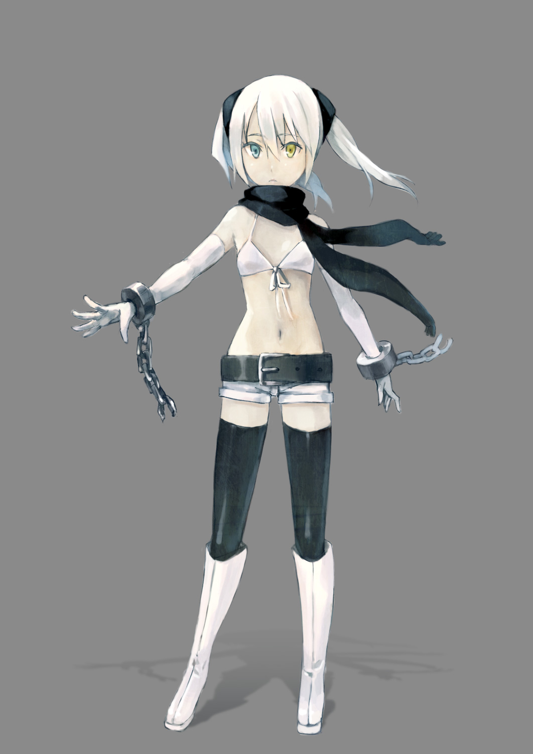 bikini_top, boots, cuffs, elbow_gloves, flat_chest, front-tie_top, gloves, heterochromia