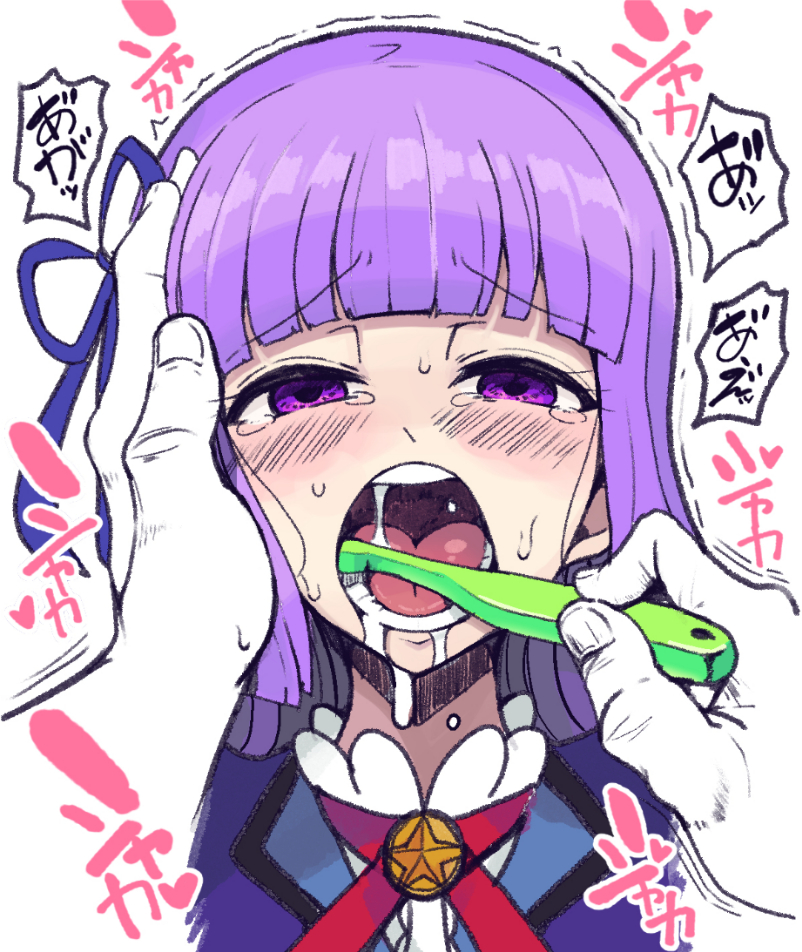 aikatsu!, blush, brushing_teeth, hikami_sumire, long_hair, looking_at_viewer, motsu_aki, partially_translated
