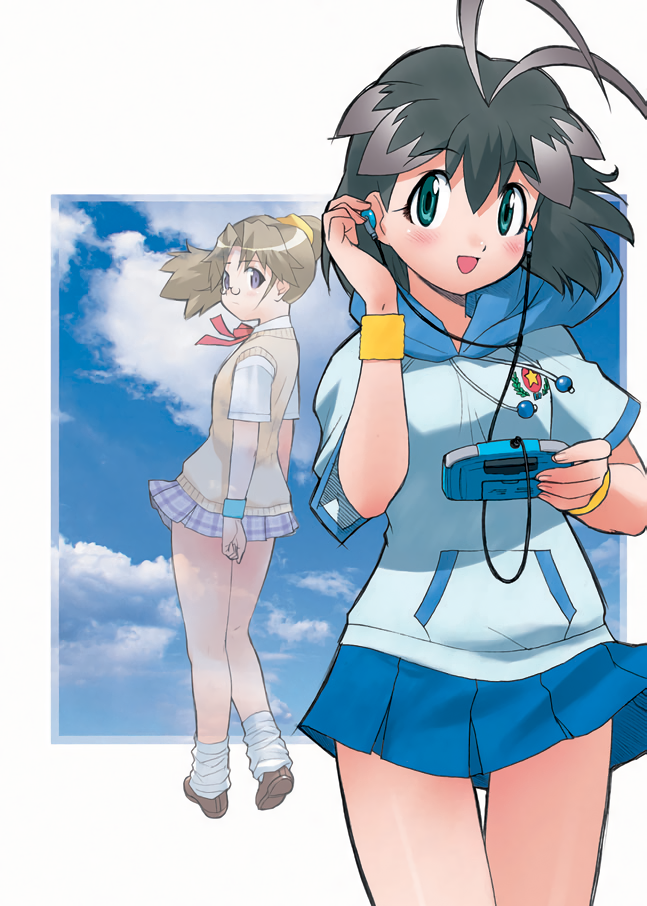 2girls, antenna_hair, aqua_eyes, arcade_gamer_fubuki, black_hair, brown_hair, earphones, game_boy