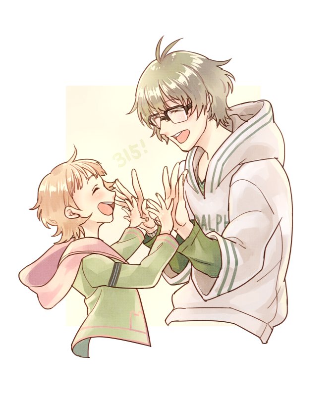 2boys, akizuki_ryou, antenna_hair, bangs, blunt_bangs, blush, brown_hair, closed_eyes