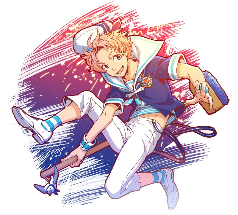 1boy, artist_name, blue_eyes, bnjgm., gradient, gradient_background, hat, idolmaster