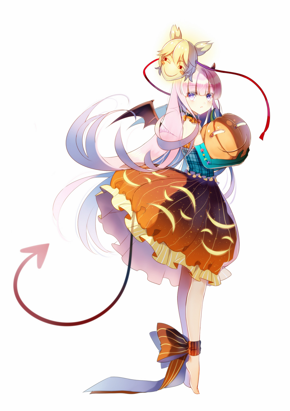 1girl, adapted_costume, ankle_ribbon, bangs, bare_shoulders, barefoot, bat_wings, black_wings