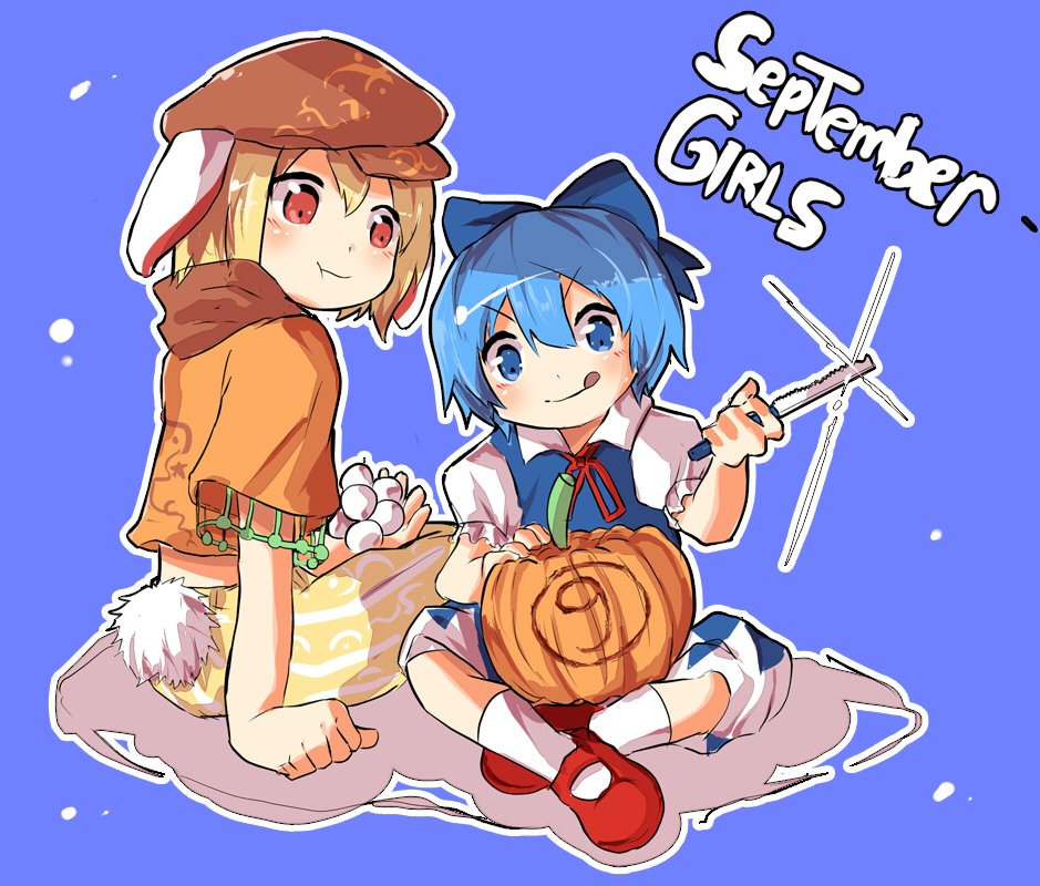 >:q, (9), 2girls, :t, animal_ears, blonde_hair, blue_background, blue_dress