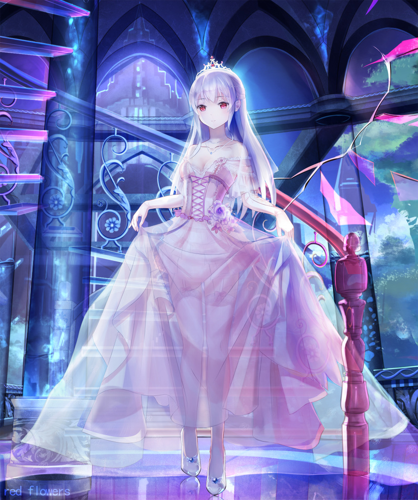 1girl, breasts, cleavage, dress, dress_lift, garter_straps, glass_slipper, high_heels