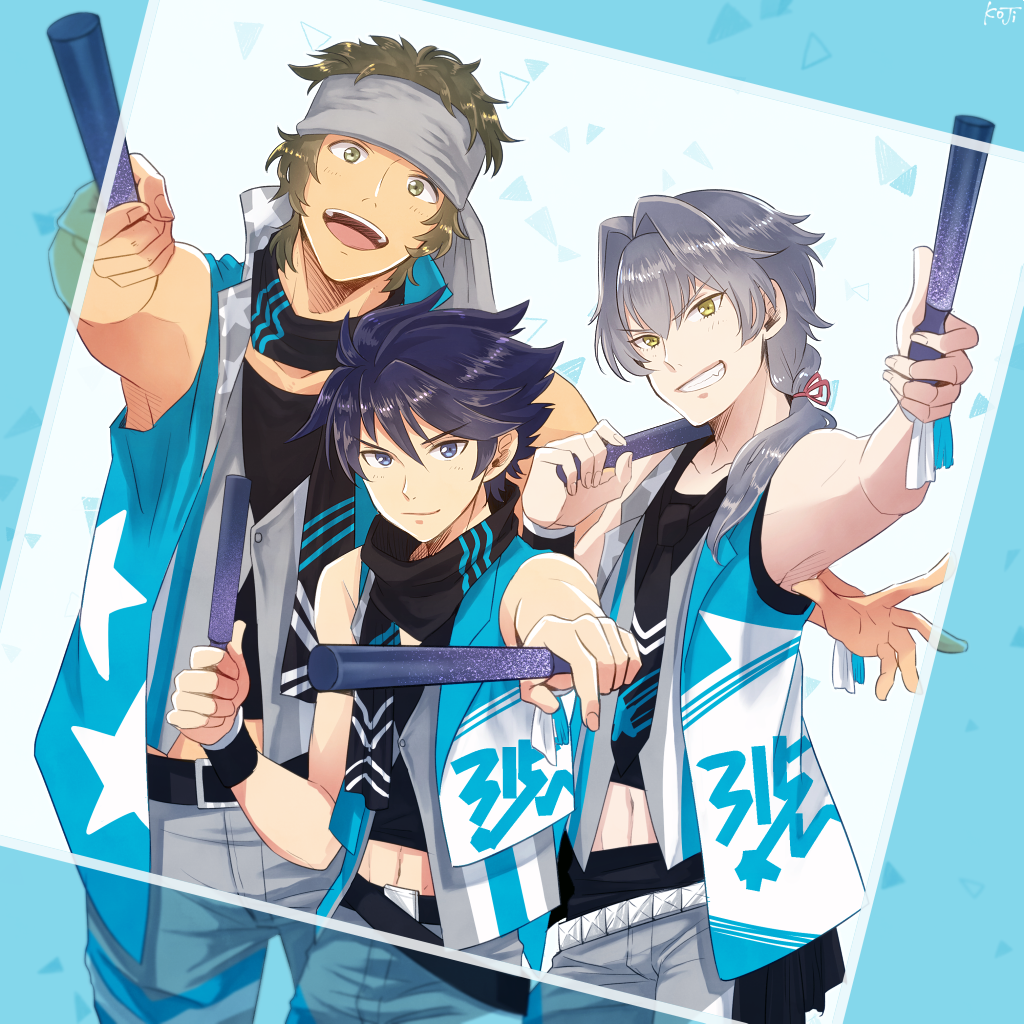 3boys, alternate_costume, bare_shoulders, blue_eyes, blue_hair, dutch_angle, enjouji_michiru, glowstick