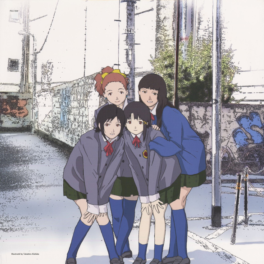artist_name, asymmetrical_hair, bicycle, blazer, bow, bowtie, chain, graffiti, ground_vehicle, highres, iwakura_lain, jacket, katou_juri_(serial_experiments_lain), kishida_takahiro, kneehighs, laserdisc, looking_at_viewer, mizuki_alice, multiple_girls, pleated_skirt, pole, ponytail, pose, pullover, road, scan, school_uniform, scrunchie, serial_experiments_lain, skirt, smile, street, thigh-highs, utility_pole, wall, yamamoto_reika