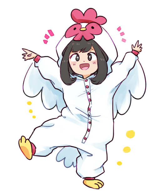1girl, :d, arms_up, bird, black_hair, chicken, chicken_costume, commentary