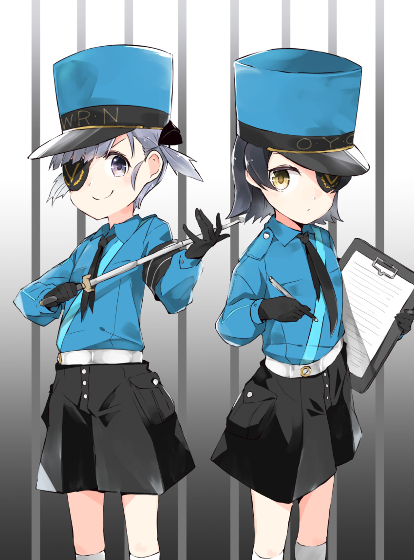 2girls, arare_(kantai_collection), board, caroline_(persona_5), cosplay, eyepatch, highres, justine, kantai_collection, multiple_girls, ooshio_(kantai_collection), ooyama_imo, pen, persona, persona_5