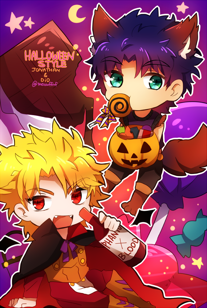 2boys, animal_ears, blonde_hair, boots, bottle, brown_boots, candy, cape