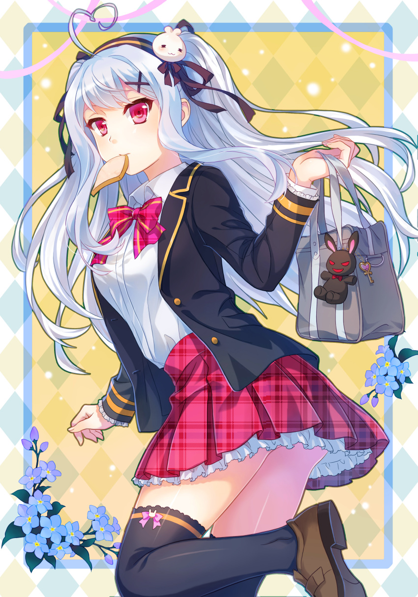 1girl, absurdres, ahoge, black_legwear, blazer, brown_shoes, bunny_hair_ornament, chinese