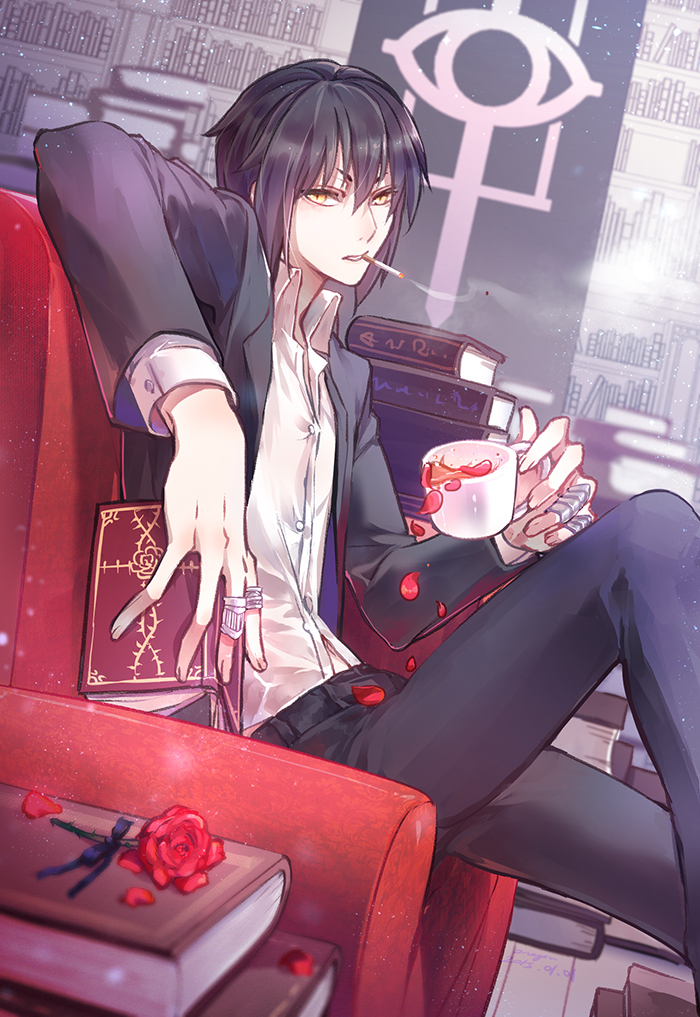 1boy, 2015, black_hair, bloodline, book, bookshelf, cigarette, coffee_mug